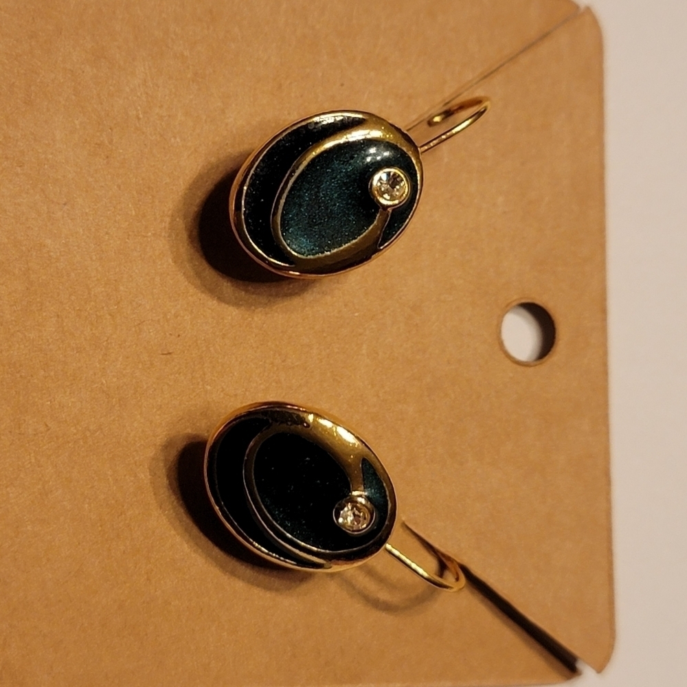 Kerissa Vintage Goldtone and Teal Enamel with Rhinestone Accent Pierced Earrings - Picture 6 of 7